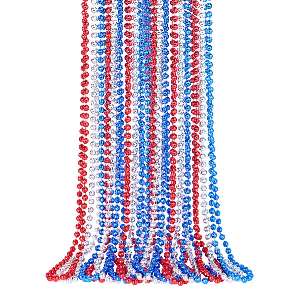 SHAOQINLIN 12 PCS Patriotic Beads Necklaces, 4th of July Bead Necklace, 4th of July Accessories, 33'' Metallic Red/Silver/Blue Party Beads for Patriotic Day, Carnival Party Favors
