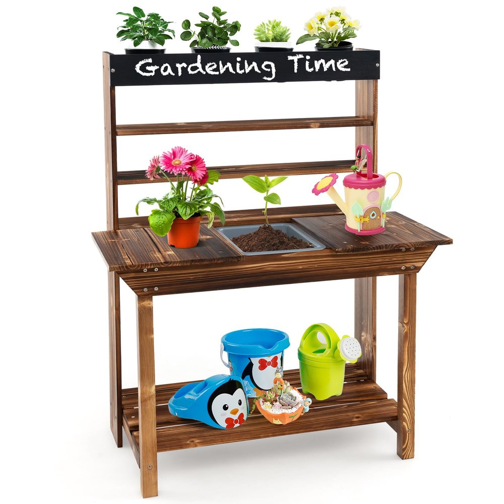 HONEY JOY Mud Kitchen, Fir Wood Kids Potting Bench Table, Removable Sink, 4 Planting Cups, Chalkboard, Outdoor Play Kitchen for Toddlers, Garden Time Mud Kitchen for Kids Outdoor Backyard