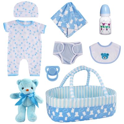 BABESIDE 9 Pcs Reborn Baby Doll Clothes Set for 17-22 Inch Dolls, Reborn Baby Dolls Accessories Doll Bassinet with Bottle Pacifier and Bear Toy for Realistic Newborn Babydolls, Blue