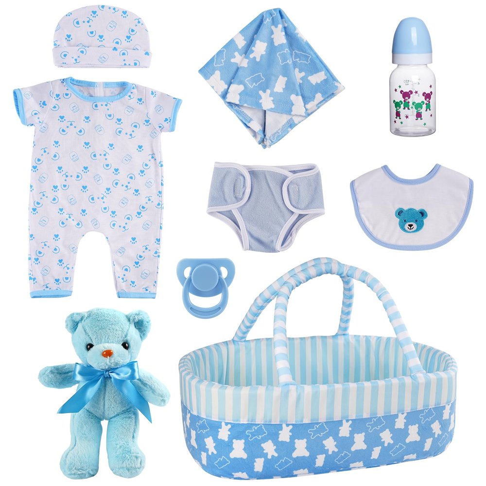 BABESIDE 9 Pcs Reborn Baby Doll Clothes Set for 17-22 Inch Dolls, Reborn Baby Dolls Accessories Doll Bassinet with Bottle Pacifier and Bear Toy for Realistic Newborn Babydolls, Blue
