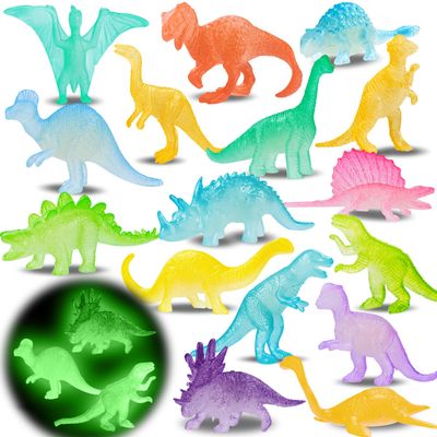 16PCS Glow in Dark Mini Dinosaur Figures for Kids Birthday Party Favors Supplies Dino Cupcake Topper Decoration Goodie Treat Bag Stuffers Pinata Fillers Treasure Carnival Prizes Valentines Day Gifts