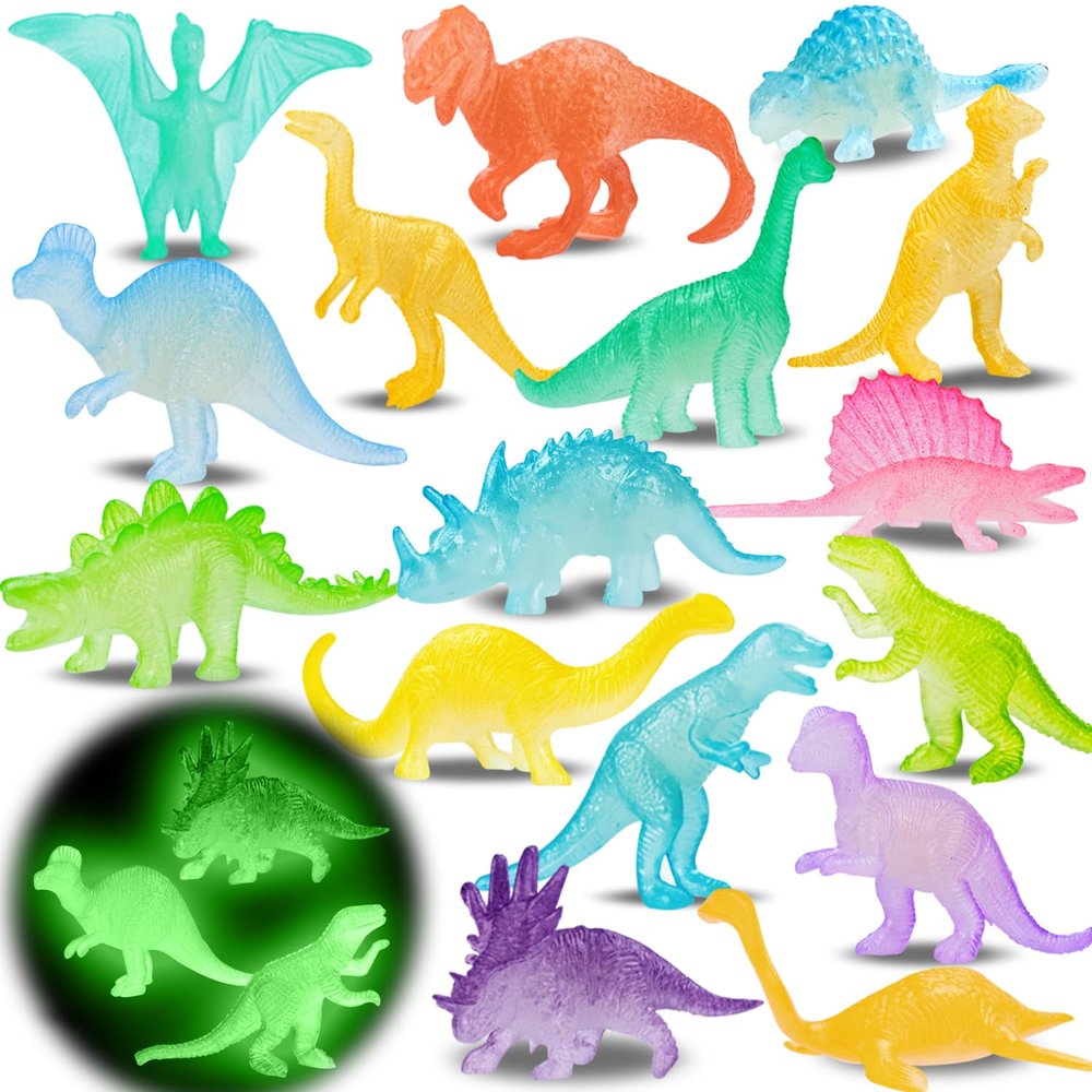 16PCS Glow in Dark Mini Dinosaur Figures for Kids Birthday Party Favors Supplies Dino Cupcake Topper Decoration Goodie Treat Bag Stuffers Pinata Fillers Treasure Carnival Prizes Valentines Day Gifts