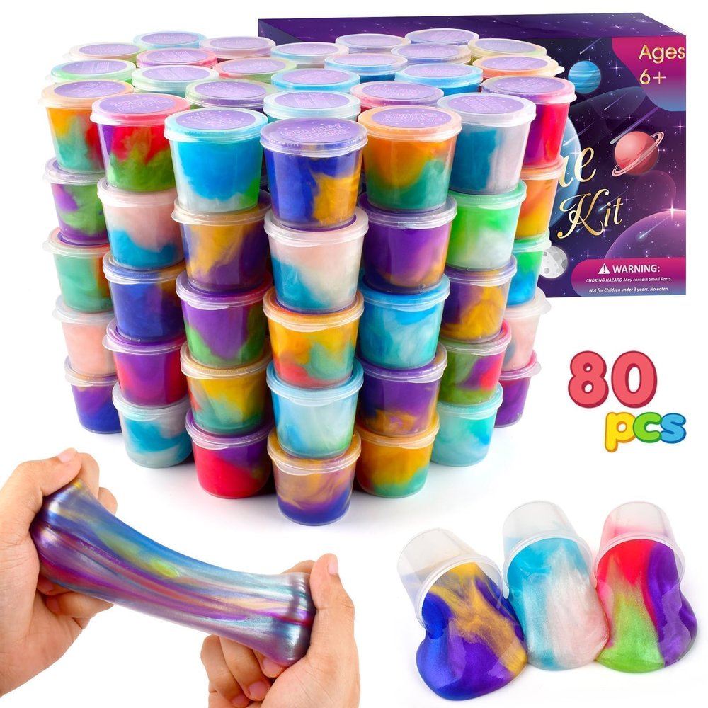 80 Pack Valentine Slime Party Favors Kit, Mini Galaxy Bulk Slime Stretchy Stress Relief for Kids 8-12, Soft Putty Toy, Girls and Boys Classroom Reward, Valentine's Day Birthday, Goodie Bag Stuffers