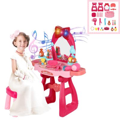 GIFZES Toddler Makeup Table with Mirror and Chair, Girls Makeup Table Set, Vanity Makeup Table Toy, Kids Makeup Vanity Set, Kids Vanity Set with Lights and Music, Toddlers 2-5 Years Old (Pink)