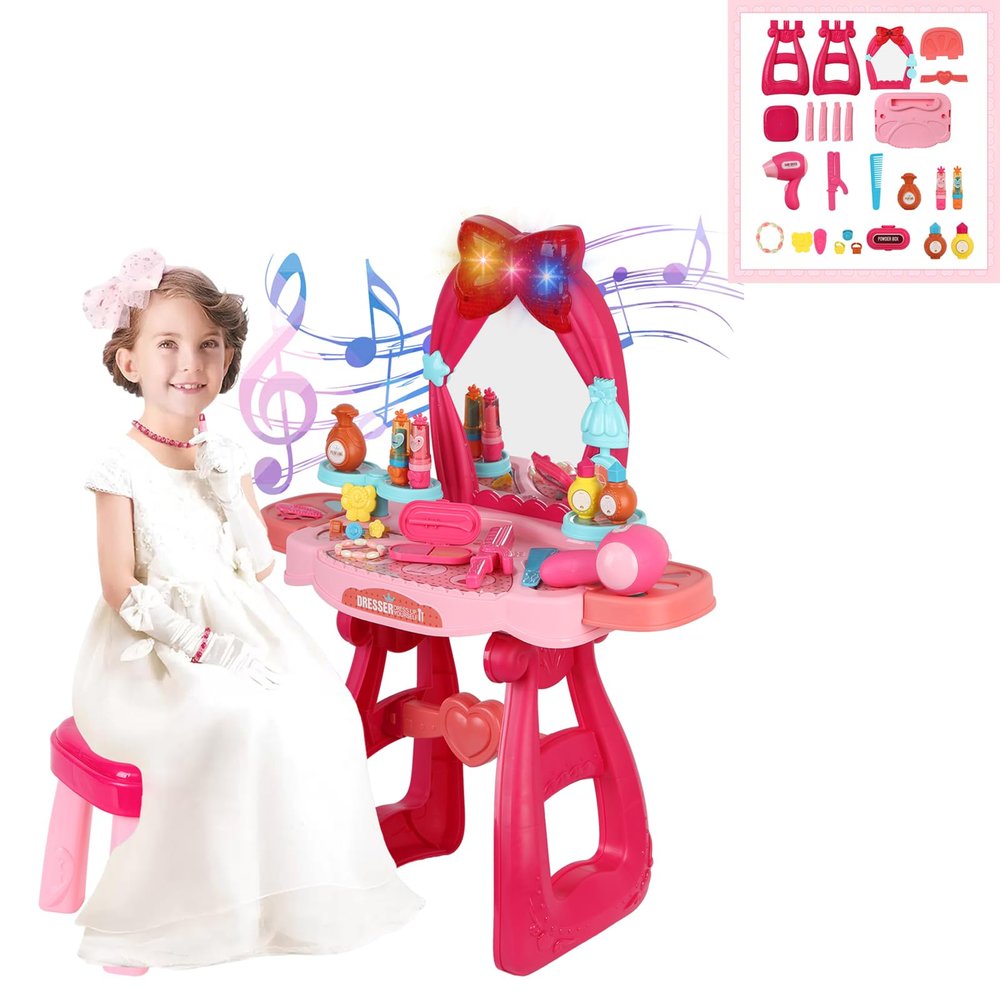 GIFZES Toddler Makeup Table with Mirror and Chair, Girls Makeup Table Set, Vanity Makeup Table Toy, Kids Makeup Vanity Set, Kids Vanity Set with Lights and Music, Toddlers 2-5 Years Old (Pink)