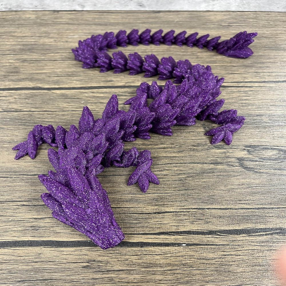 MunnyGrubbers - XL 26" Crystal Dragon Fidget Toy - Heavy Duty - 3D Printed Flexible Articulating Dragon Plastic Collectible Figurine - Surprise Egg Compatible - (Shiny Purple Dragon)