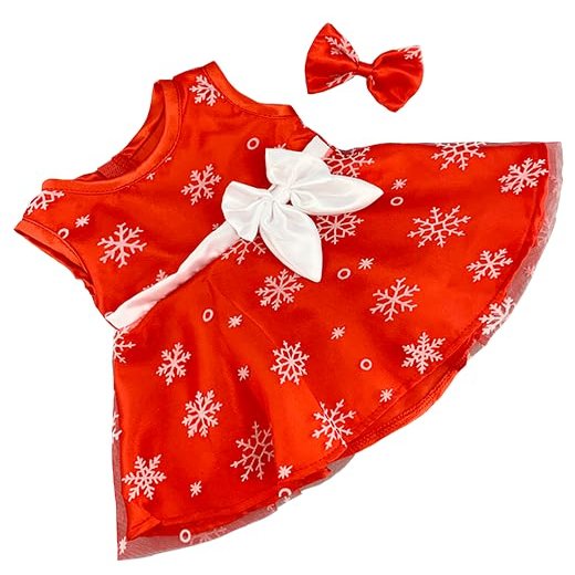 Plush Gear Red Snowflake Dress with Hair Bow for 14 - 18 Inch Stuffed Animals Holiday Outfit for Plush Toys, Teddy Bears, and Dolls Festive Christmas Dress-Up Clothes, Winter Apparel Plushie for Kids