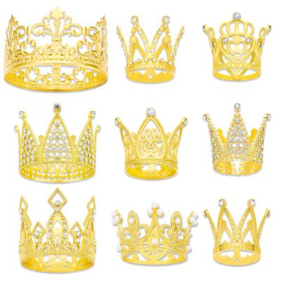 9 Pieces Crown Cake Topper, Women for Crowns Heart shaped Diamond Alloy Crown, Mini Crown, Birthday Cake Baking Decoration Paper Cup Cake Decoration (6 PCS Crown Cake Gold)
