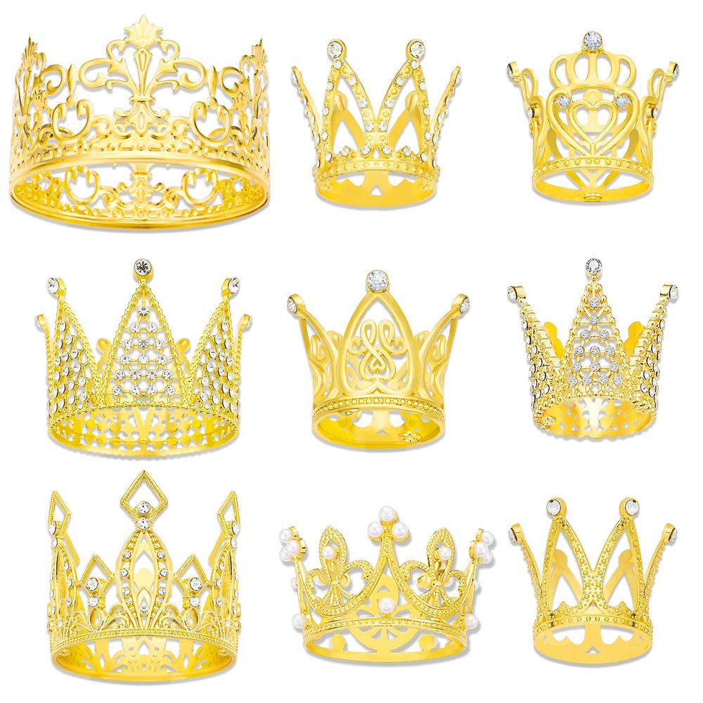 9 Pieces Crown Cake Topper, Women for Crowns Heart shaped Diamond Alloy Crown, Mini Crown, Birthday Cake Baking Decoration Paper Cup Cake Decoration (6 PCS Crown Cake Gold)