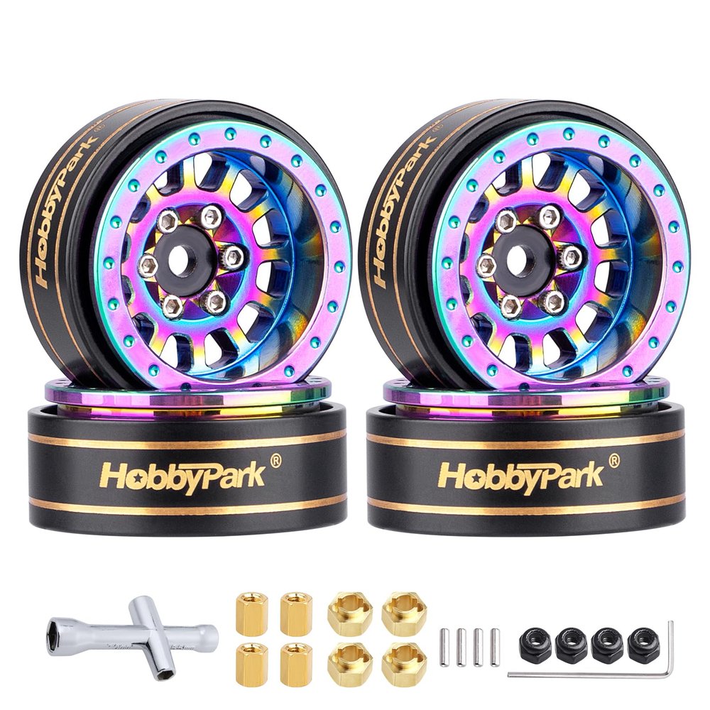 HobbyPark 1.0 Plus Beadlock Wheels Rims Rainbow Negative Offset -4mm for Traxxas TRX4M Axial SCX24 AX24 FCX24 1/24 1/18 RC Crawler Car, 4pcs