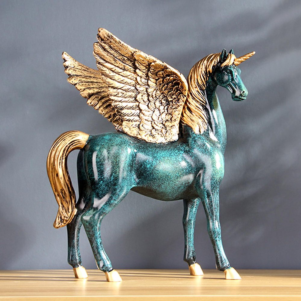 Pegasus Horse Statue Unicorn Table Sculpture, Wing Divine Standing Figures Greek Flying Animal Figurines Home Dcor, Desktop Art Figure Decorations for Living Room Party (Green-Standing)