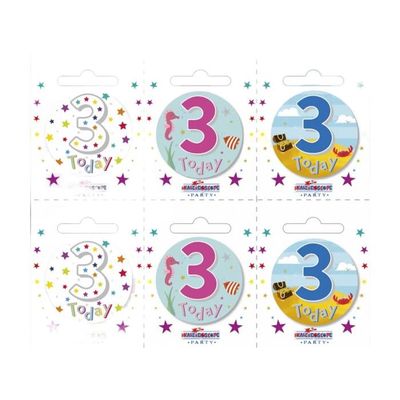 Apac Assorted Designs 3rd Birthday Badge (Pack of 6), One Size, See description