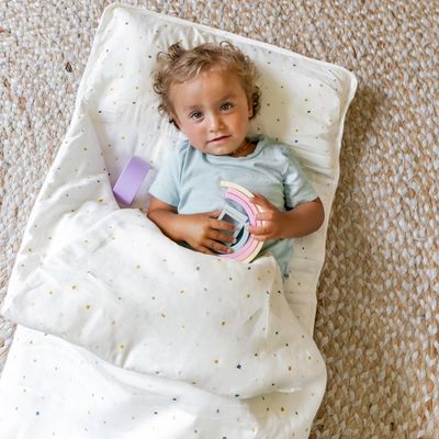 MakeMake Organics GOTS Certified Cotton Nap Mat with Detachable Pillow for Kids-Soft Microfiber Sleeping Bag for Toddlers, Boys, Girls - Ideal for Daycare, Preschool, Kindergarten-20 x50 - Dotty