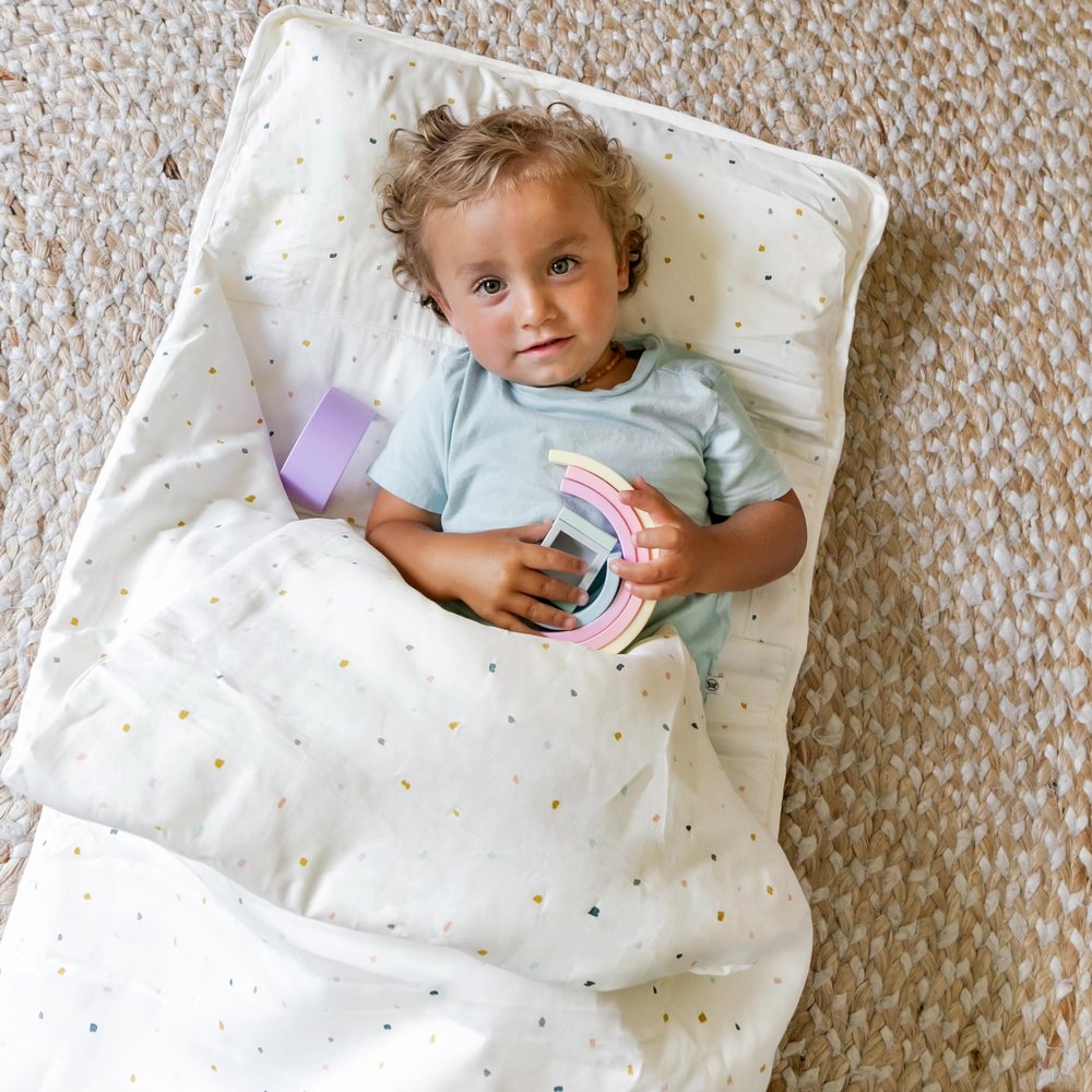 MakeMake Organics GOTS Certified Cotton Nap Mat with Detachable Pillow for Kids-Soft Microfiber Sleeping Bag for Toddlers, Boys, Girls - Ideal for Daycare, Preschool, Kindergarten-20 x50 - Dotty