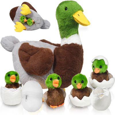 7 in 1 Mallard Duck Stuffed Animals Duck Plush Toys, 12" Zipper Mommy Stuffed Duck with 4 Baby Ducks Ducklings Eggs Duck Plushies Pillow for Kids Birthday Valentines Surprise Gifts Farm Party Decors