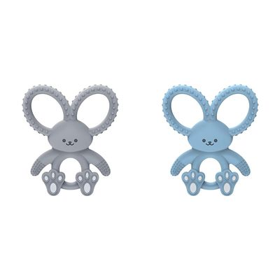 Dr. Brown's Flexees Gray & Blue Bunny 100% Silicone Baby Teethers, BPA Free, for 3 Months+ Babies