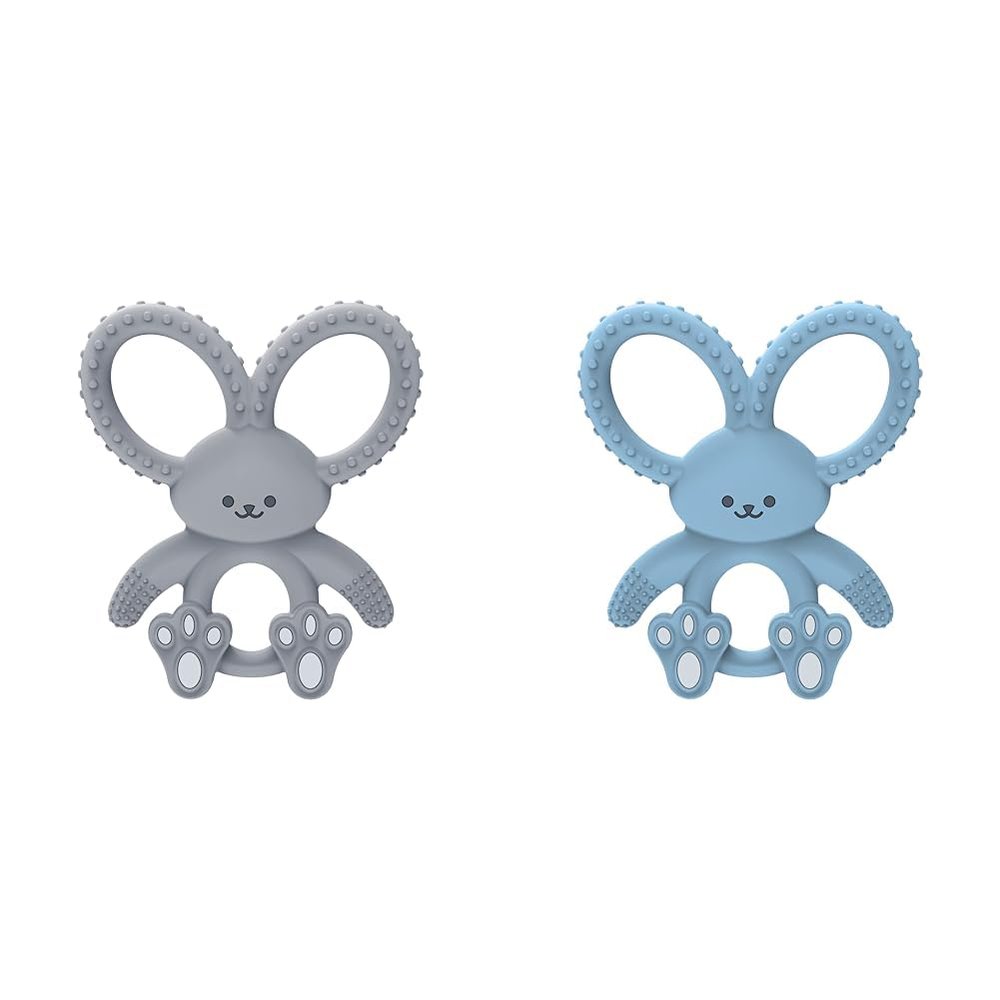Dr. Brown's Flexees Gray & Blue Bunny 100% Silicone Baby Teethers, BPA Free, for 3 Months+ Babies
