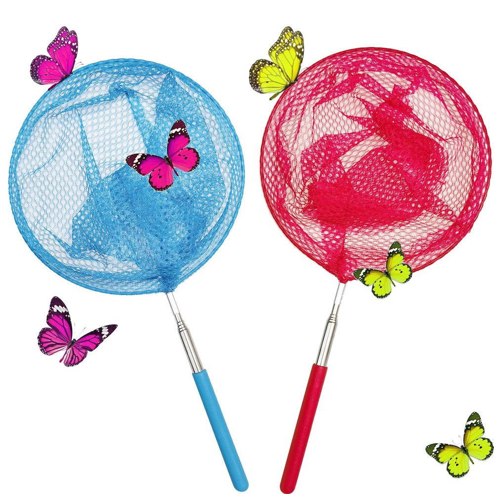 2 Pack Kids Telescopic Butterfly Fishing Nets for Kids Catching Butterfly Net Outdoor Tools for Catching Fish Ladybird, Extendable 34 Inches and Anti Slip Grip