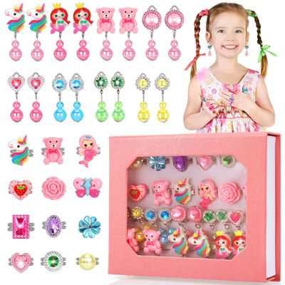 Jewelry Girl Toys for Ages 3-8, Adjustable 28 Lovely Rings for Kids, Clip On Earrings in Gift Box, 3 4 5 6 7 8 Year Old Girls Christmas Birthday Gifts, Toddler Toy for Princess Dress Up, Party Favor