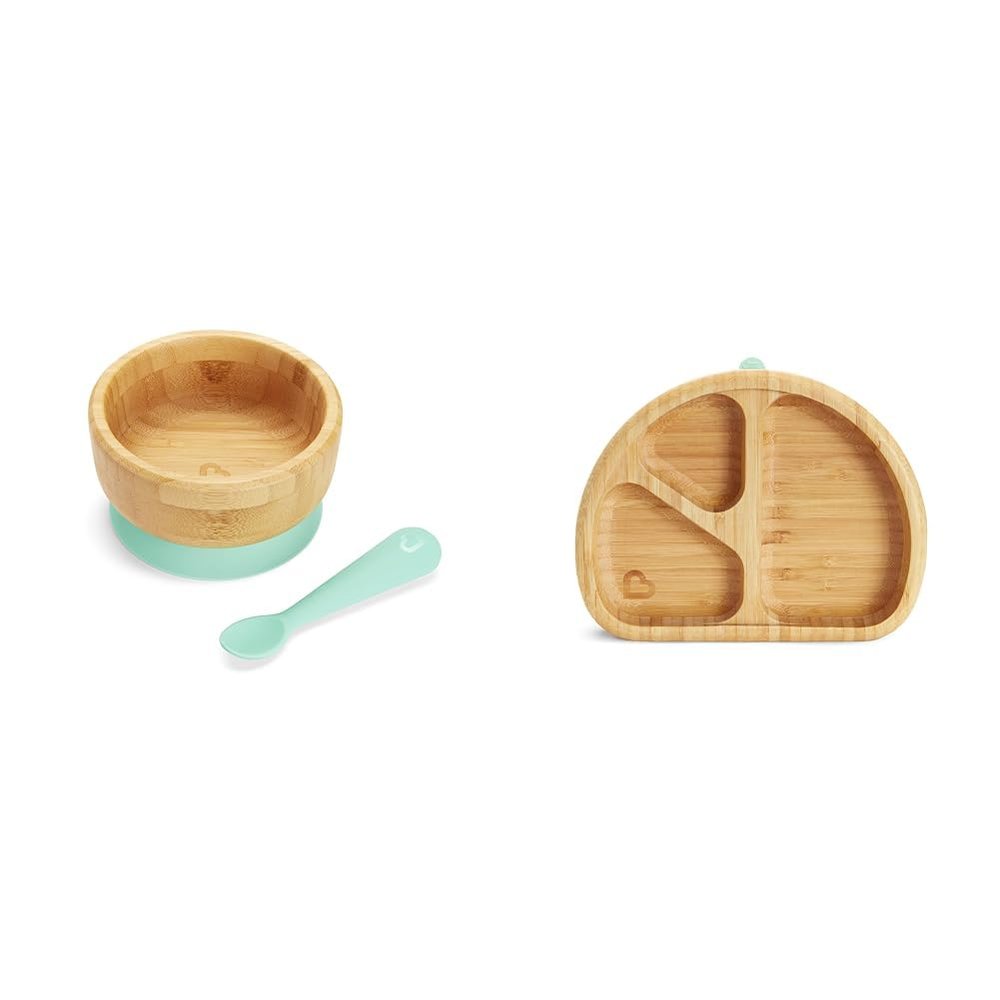 Munchkin BambouTM Bamboo Suction Bowl, Silicone Spoon and Divided Suction Plate - Eco-Friendly Baby Mealtime Set