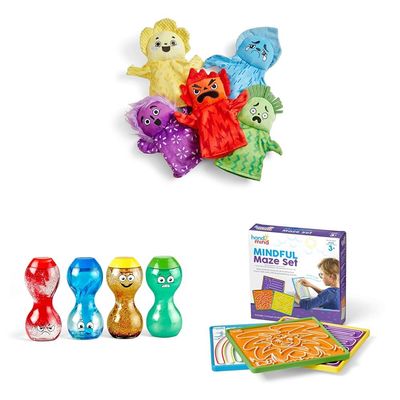 hand2mind Feelings Family Hand Puppets & Express Your Feelings Sensory Bottles & Mindful Maze Boards