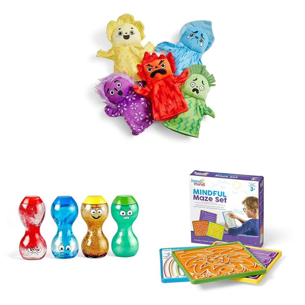 hand2mind Feelings Family Hand Puppets & Express Your Feelings Sensory Bottles & Mindful Maze Boards