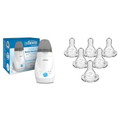 Dr. Brown's Deluxe Baby Bottle Warmer and Sterilizer Bundle with Dr. Browns Natural Flow Level 2 Narrow Baby Bottle Silicone Nipple, 6 Count