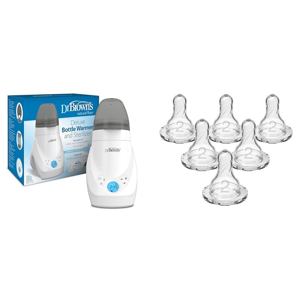 Dr. Brown's Deluxe Baby Bottle Warmer and Sterilizer Bundle with Dr. Browns Natural Flow Level 2 Narrow Baby Bottle Silicone Nipple, 6 Count