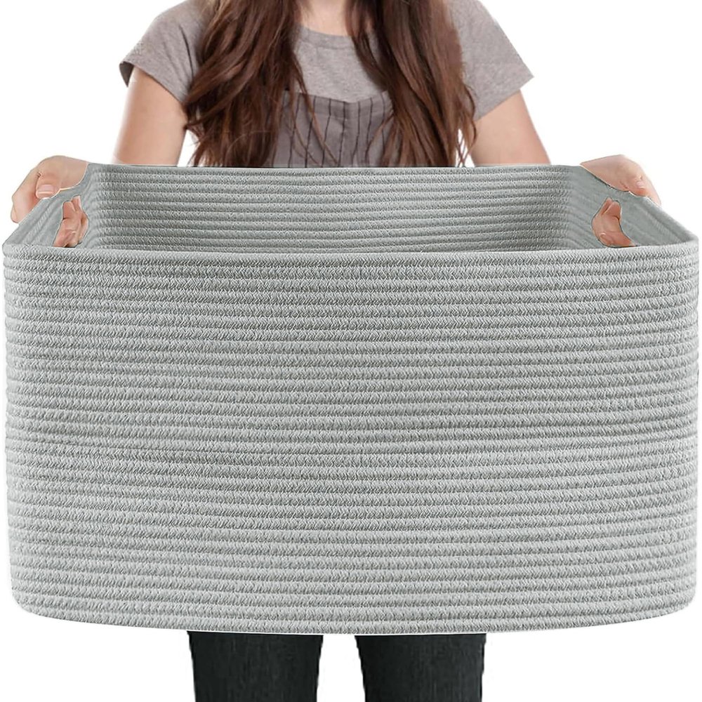 MEGASKET Extra Large Rectangle Storage Basket, 23.6" x 17" x 12" Gray Blanket Storage for Living Room, Large Soft Woven Cotton Rope Bin for Organizing, Kids Dog Wicker Toy Box Organizer
