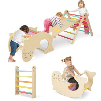 HONEY JOY 7 in 1 Climbing Toys for Toddlers, Wood Triangle Climber w/Ramp for Sliding or Climbing, Rocker, Foldable Montessori Triangle Climbing Arch Set for Daycare, Gym & Playground, Colorful