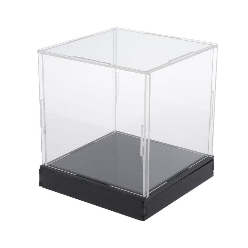 Clear Acrylic Display Case, Showcase for Collectibles, 4 Sided Museum Box Organizer with Black Base 10x10x10cm, Ideal for Toy Figures and Car Models