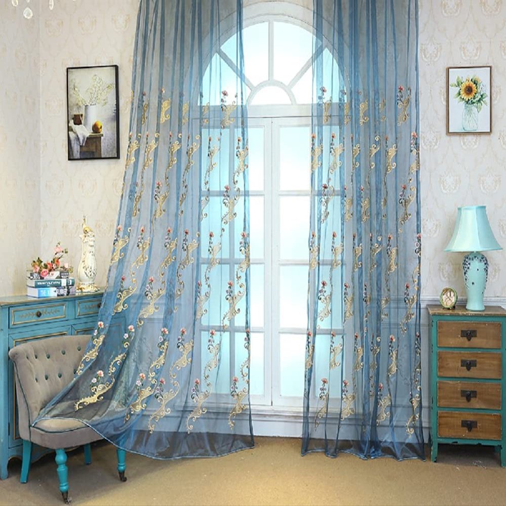 HooHero Blue Living Kids Baby Room 54 Wide Beautiful Sheer Curtains Home Decoration Gauze Voile Window Treatments Gorgeous Style Exquisite Floral Embroidered