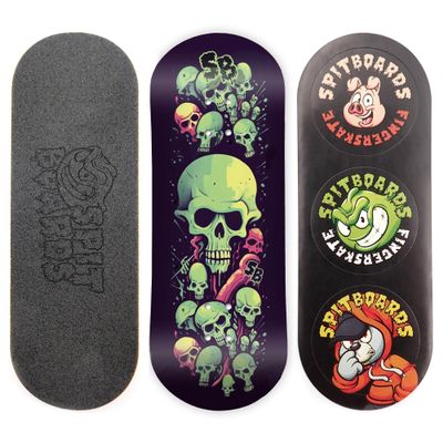 SPITBOARDS 34mm Fingerboard Deck - Real Wood (5-Layers) Classic Popsicle Street Shape - Size: 34 x 96 mm - Single Graphic Deck (Real Wear) - Optimized Concave - Lime Green Skull