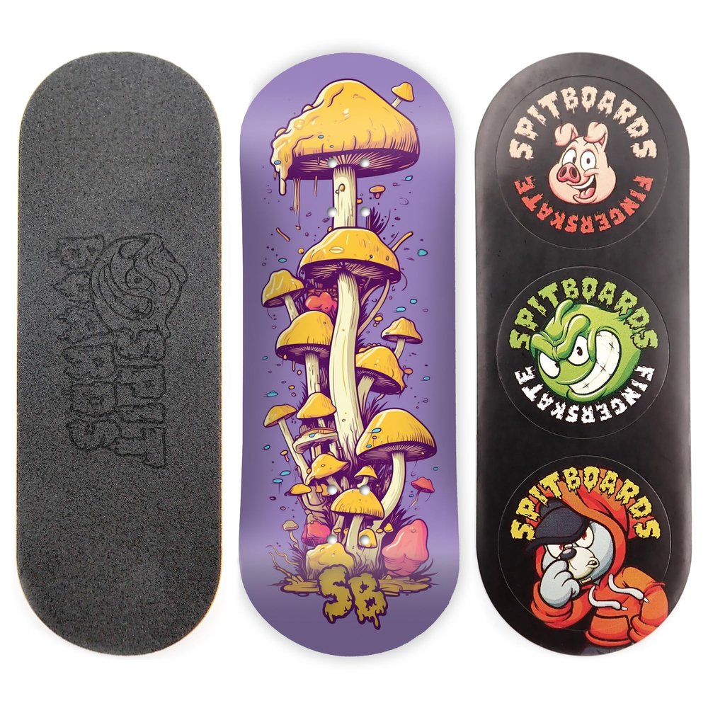 SPITBOARDS 34mm Fingerboard Deck - Real Wood (5-Layers) Classic Popsicle Street Shape - Size: 34 x 96 mm - Single Graphic Deck (Real Wear) - Optimized Concave - Mushroom Cheese