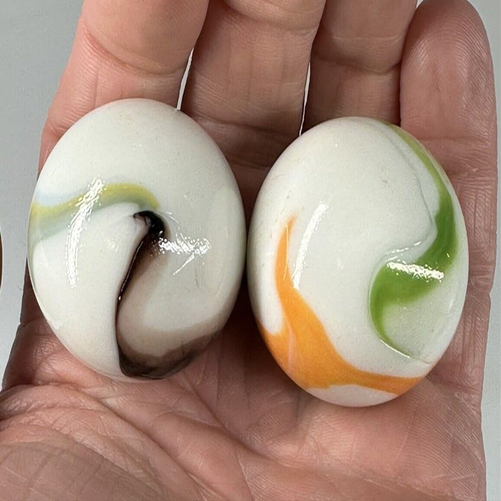 Big Game Toys~2 BOULDERS 35mm Glory Marbles Glass White Yellow Orange Iridescent Swirl Read