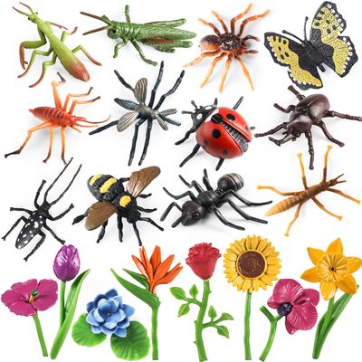 20Pcs Insect Toy Fake Plastic Bugs Figures for Kids - Flower Ladybug Bee Butterfly Ant Cricket Mantis Scorpion Spider School Project Birthday Cake Topper Party Favors April Fool's Day Prank Gifts