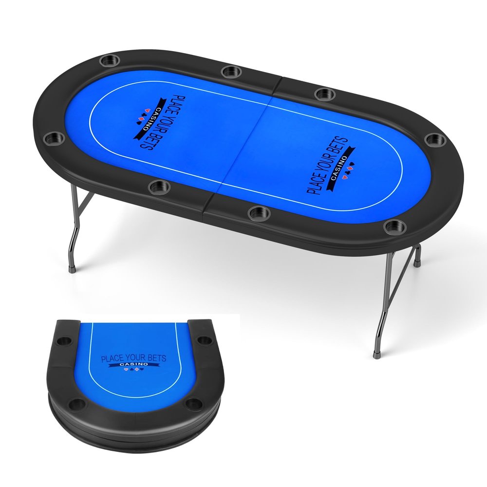 LUCKYERMORE Foldable Poker Table for 8 Players - Texas Holdem & Blackjack Board Game Table with Plastic Cup Holders - Casino Table with Padded Rails & Blue Felt Surface for Texas Casino Leisure Game