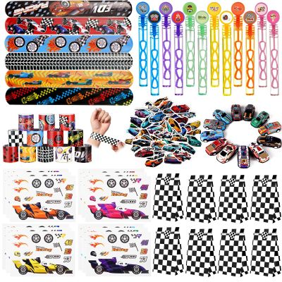 Vanblue 110Pcs Race Car Party Favors Themed Birthday Decorations Supplies Straw Bubble Slap Bracelet DIY Sticker Toy Gift for Boy Kids Treat Candy Bags Stuffers Classroom Rewards