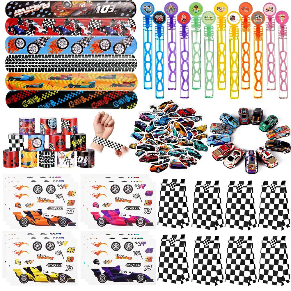 Vanblue 110Pcs Race Car Party Favors Themed Birthday Decorations Supplies Straw Bubble Slap Bracelet DIY Sticker Toy Gift for Boy Kids Treat Candy Bags Stuffers Classroom Rewards