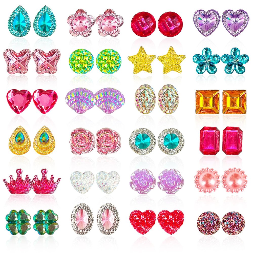 EleMirsa 24 Pairs Clip On Earrings Little Girl Party Favor Princess Clip on Earrings Dress Up Pretend Play Earrings for Little Girl Kids Toddlers Jewelry Set