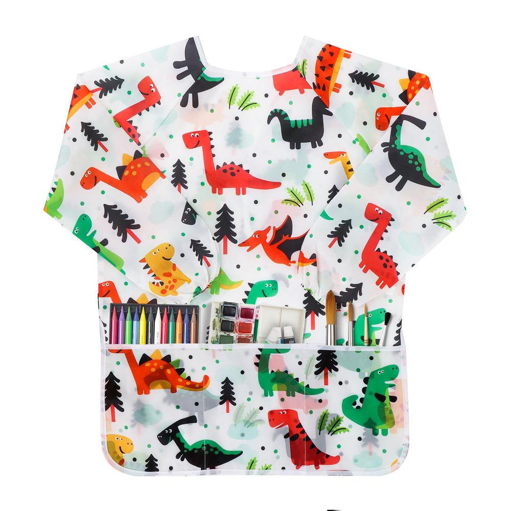 BAHABY Kids Art Smocks Dinosaur Painting Aprons for Children Waterproof Artist Smock with Long Sleeve and 3 Pockets for Age 3-8 Years (White)