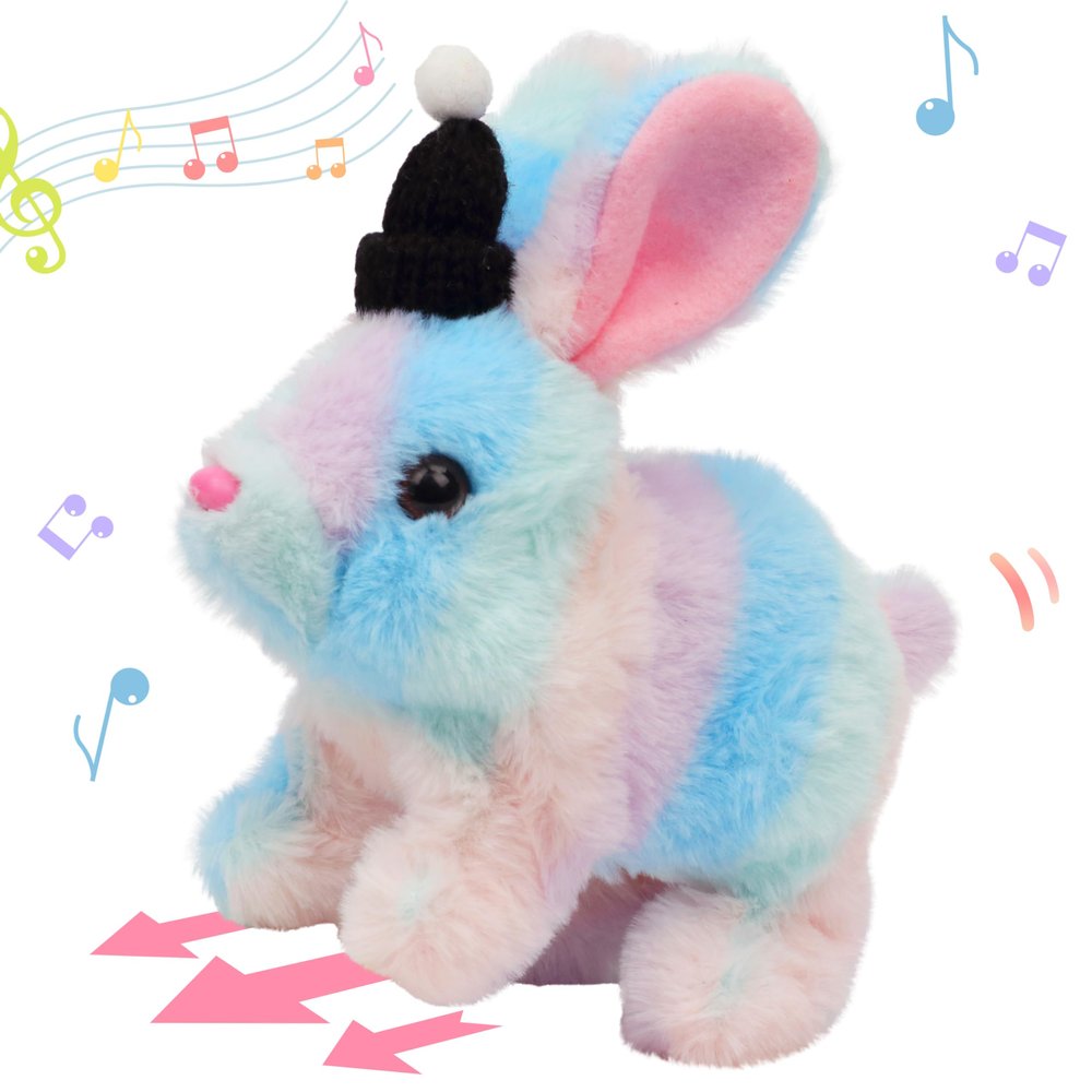Hopearl Hopping Rabbit with Hat Interactive Electronic Pet Plush Bunny Toy with Sounds and Movements Animated Walking Wiggle Ears Twitch Nose Gift for Toddlers Birthday, Rainbow, 7''