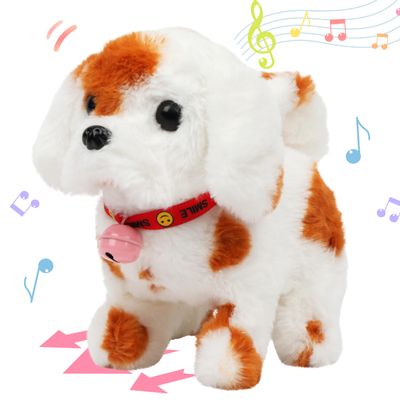 Hopearl Walking Dog with Bell Interactive Electronic Pet Plush Toy Puppy Woof and Moving Animated Nodding Head Gifts for Toddlers Birthday, Brown, 7''