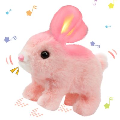 Hopearl Hopping Rabbit with LED Ears Interactive Electronic Pet Plush Bunny Toy with Sounds and Movements Animated Walking Wiggle Light up Ears Twitch Nose Gifts for Toddlers Birthday, Pink, 7''
