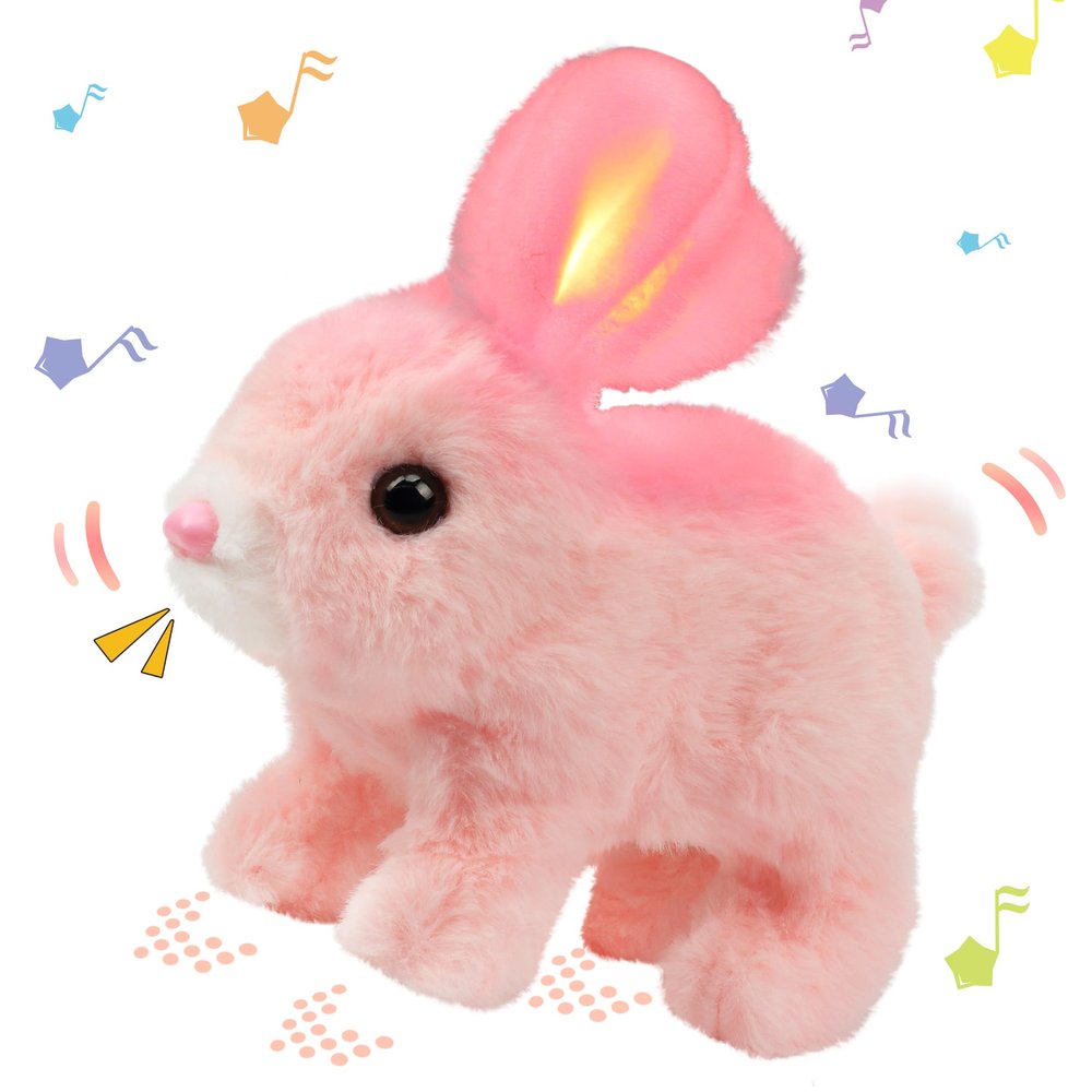 Hopearl Hopping Rabbit with LED Ears Interactive Electronic Pet Plush Bunny Toy with Sounds and Movements Animated Walking Wiggle Light up Ears Twitch Nose Gifts for Toddlers Birthday, Pink, 7''