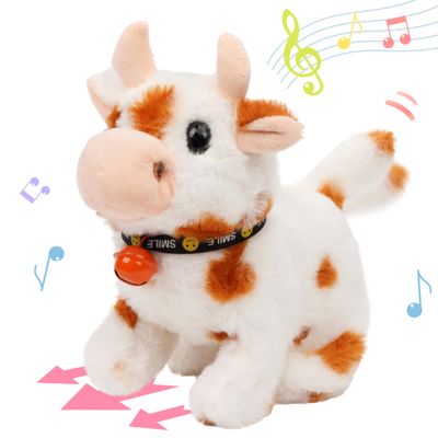 Hopearl Walking Cow Interactive Electronic Pet Plush Diary Cattle Toy with Sounds and Movements MOO Nodding Head Wag Tail Animated Gift for Toddlers Birthday, Brown, 7''