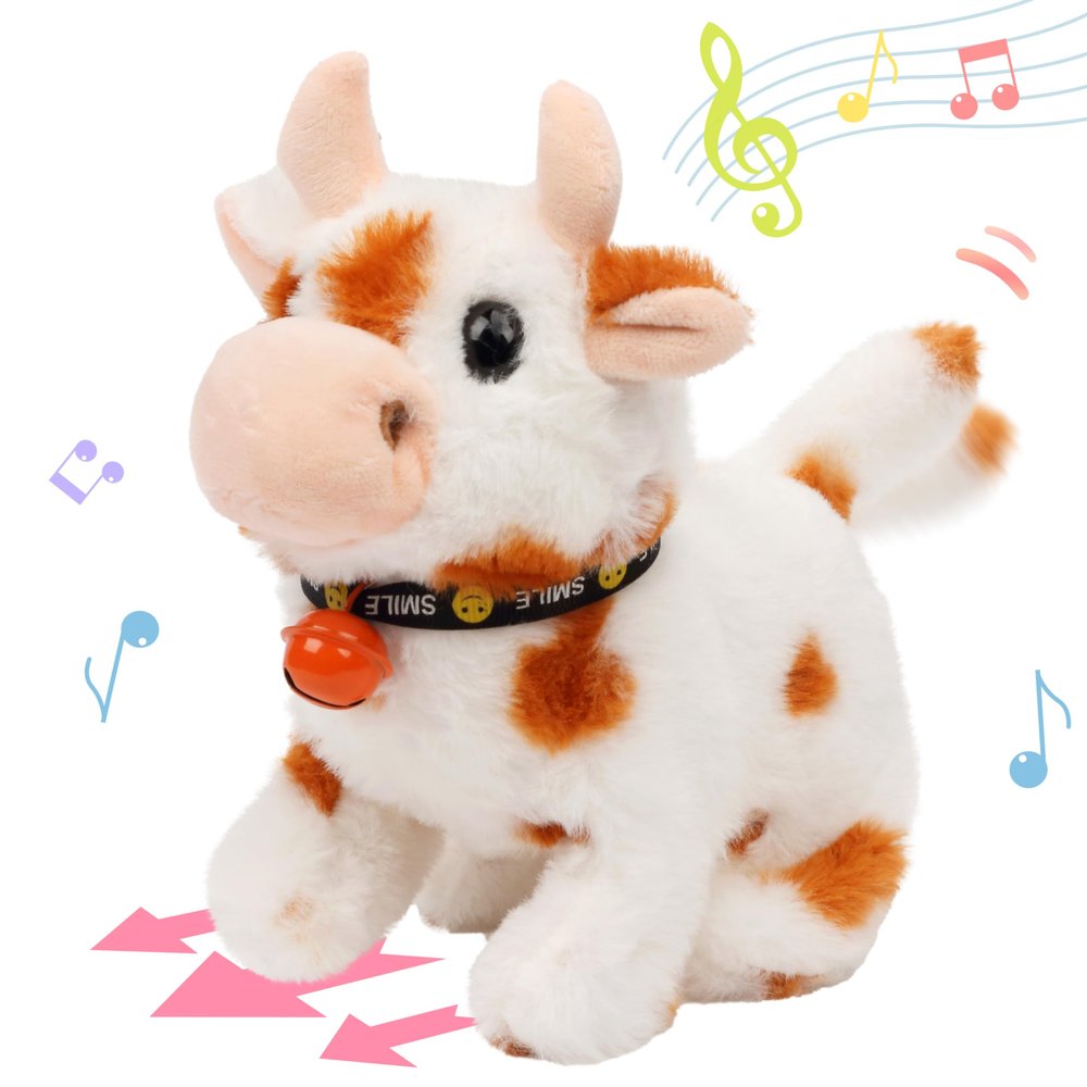 Hopearl Walking Cow Interactive Electronic Pet Plush Diary Cattle Toy with Sounds and Movements MOO Nodding Head Wag Tail Animated Gift for Toddlers Birthday, Brown, 7''