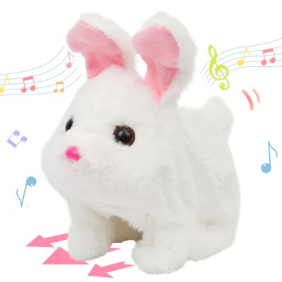 Hopearl Hopping Chubby Rabbit Interactive Electronic Pet Plush Bunny Toy with Sounds and Movements Animated Walking Wiggle Ears Twitch Nose Gifts for Toddlers Birthday, White, 7''