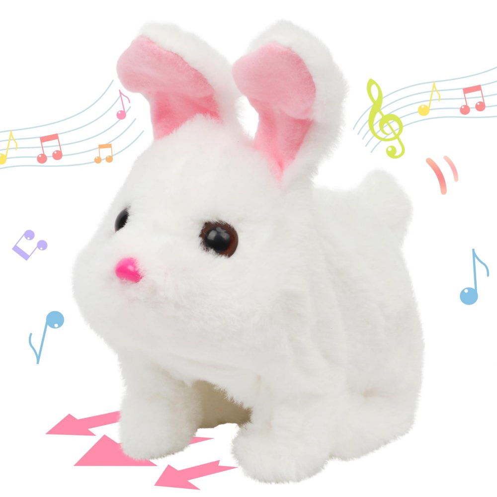 Hopearl Hopping Chubby Rabbit Interactive Electronic Pet Plush Bunny Toy with Sounds and Movements Animated Walking Wiggle Ears Twitch Nose Gifts for Toddlers Birthday, White, 7''