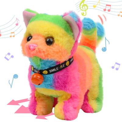 Hopearl Walking Cat Interactive Electronic Pet Plush Kitty Toy with Sounds and Movements Animated Meow Shake Head Wiggle Tail Gifts for Toddlers Birthday, Rainbow, 7''